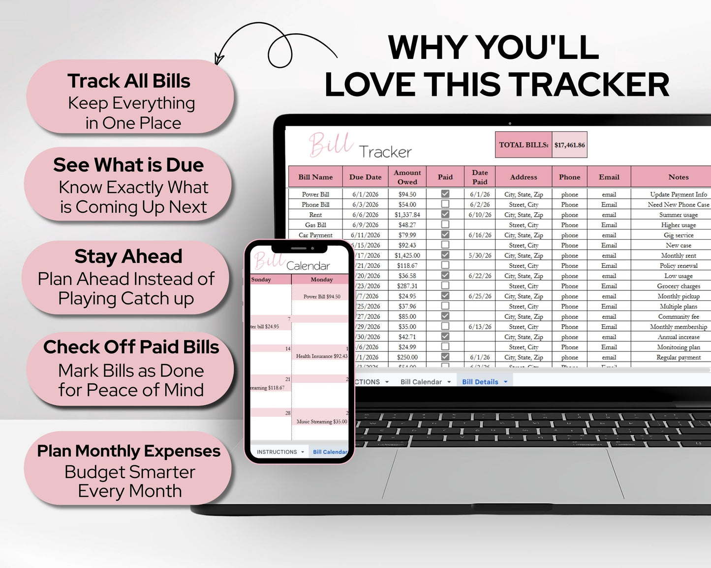 Monthly Bill Calendar Spreadsheet | Google Sheets & Excel Bill Tracker Template with Dynamic Calendar
