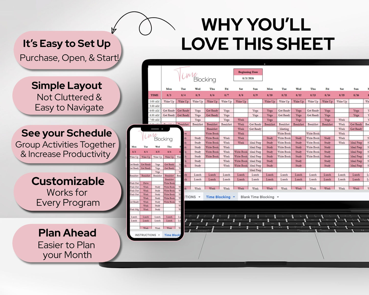 Time Blocking Spreadsheet Template | Google Sheets & Excel Daily Schedule Planner for Time Management