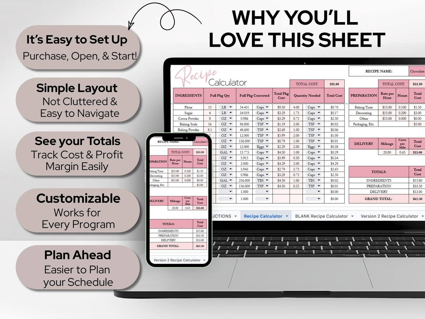 Recipe Cost Calculator Spreadsheet | Product Pricing & Profit Margin Template for Home Bakery Businesses | Google Sheets & Excel Spreadsheet Template