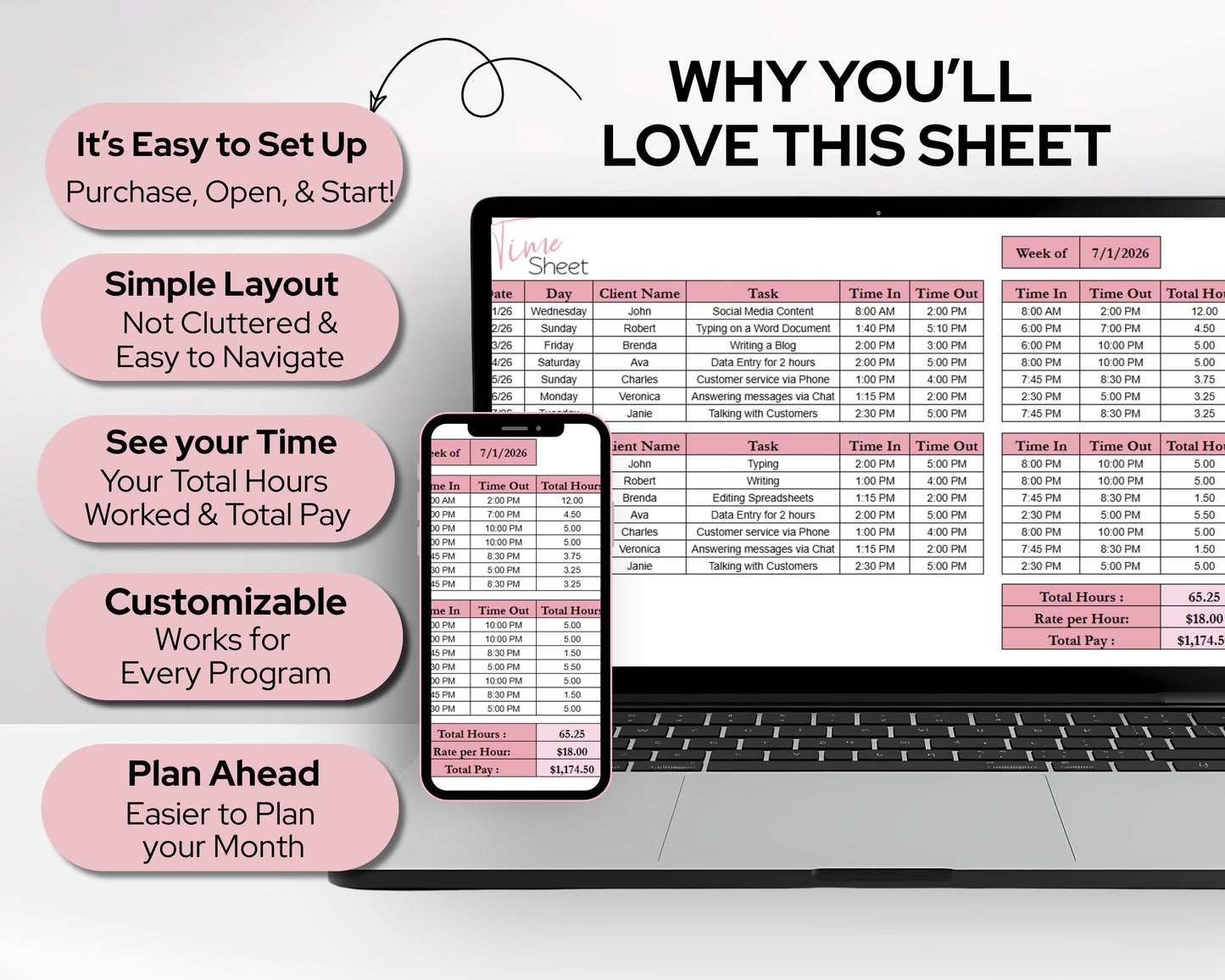 Timesheet Calculator Spreadsheet Template Google Sheets and Excel | Employee Hours Tracker | Pay Calculator