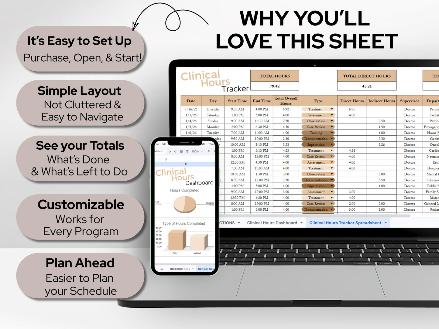 Clinical Hours Tracking Sheet: (Google Sheets & Excel Template) - A Simple Spreadsheet, Stay Organized While in School