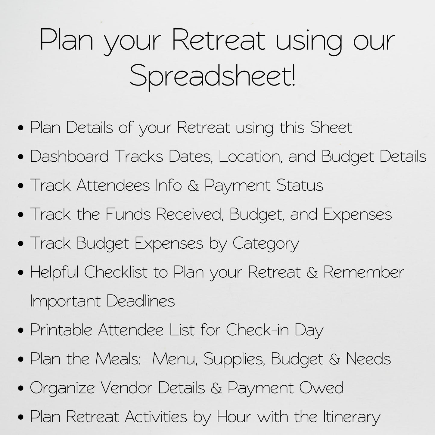 Retreat Planner | Conference, Workshop, Seminar, Convention Planner | Itinerary, Event Budget, Expense Tracker, Meal Planner, Registration Tracker, Attendee List | Google Sheets Excel Template