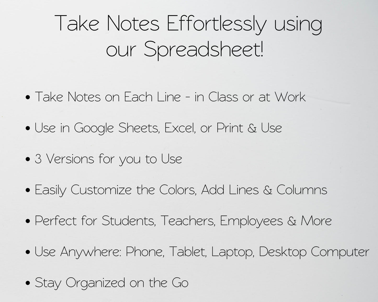 Note Taking Template – Google Sheets and Excel Spreadsheet –  Digital Journal for College Students & Meetings – Editable, Printable