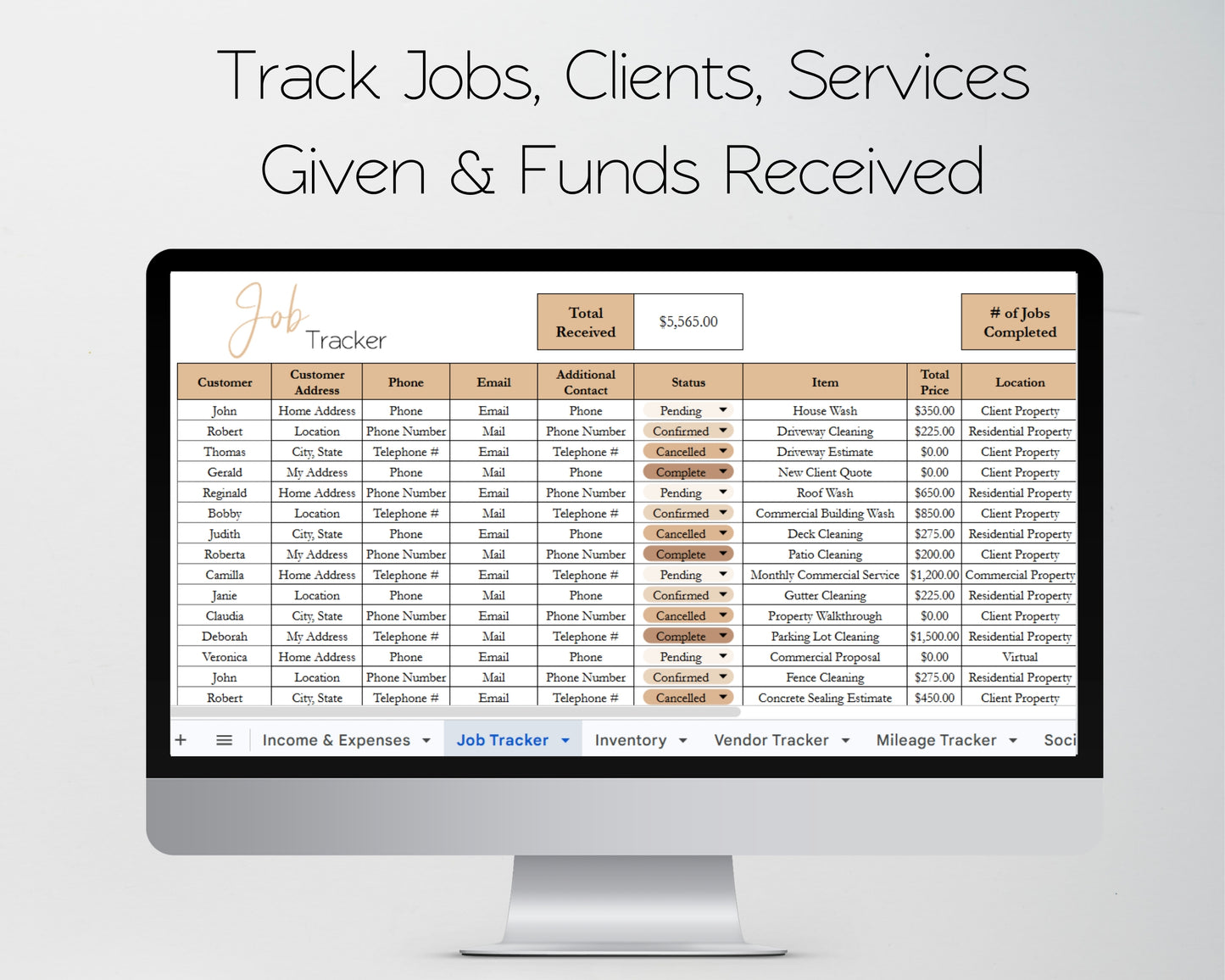 Pressure Washing Business Template Bundle - Google Sheets & Excel - Income and Expenses, Schedule, Job and Client Tracking