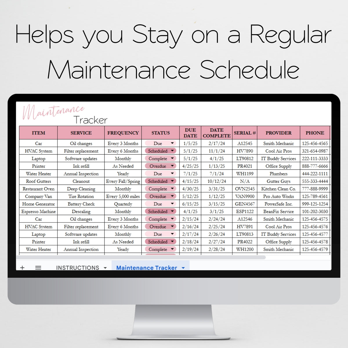Maintenance Tracker Template for Google Sheets and Excel Spreadsheet ...