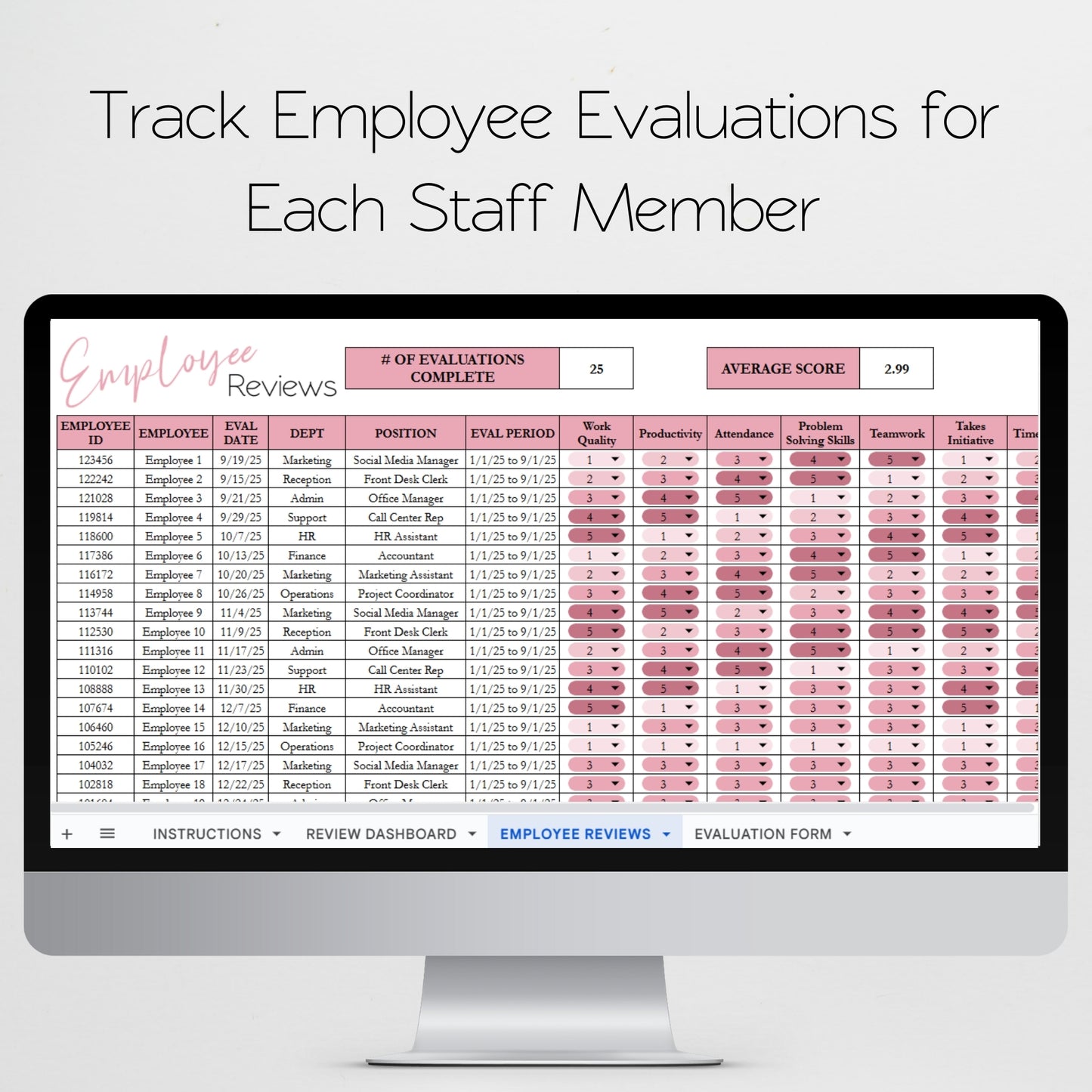 Employee Evaluation Tracker Template Google Sheets and Excel Spreadsheet - Performance Review