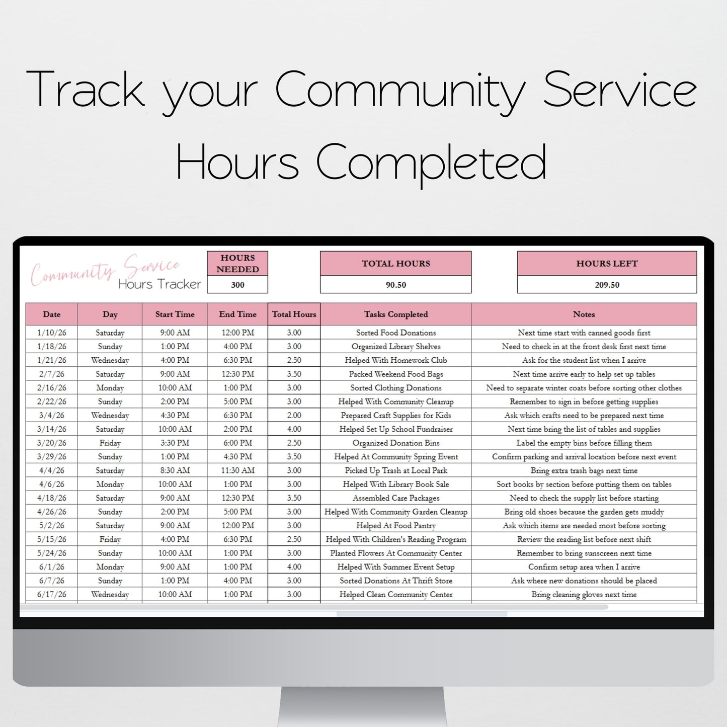 Community Service Hours Log Spreadsheet | Student Service Record & Graduation Requirement Tracker | Google Sheets & Excel