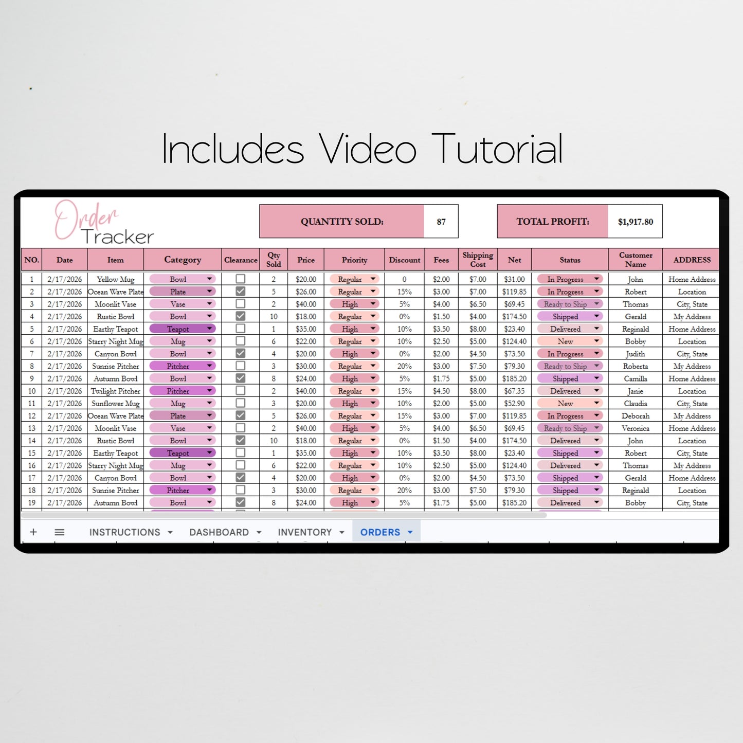 Pottery Inventory Tracker Template Google Sheet and Excel Spreadsheet