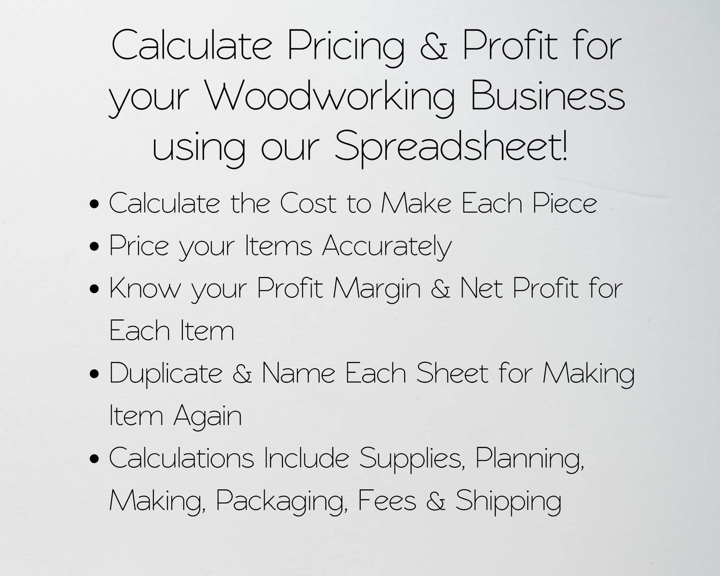 Woodworking Pricing Calculator Spreadsheet | Track Costs, Labor & Profit Margins | Google Sheets & Excel