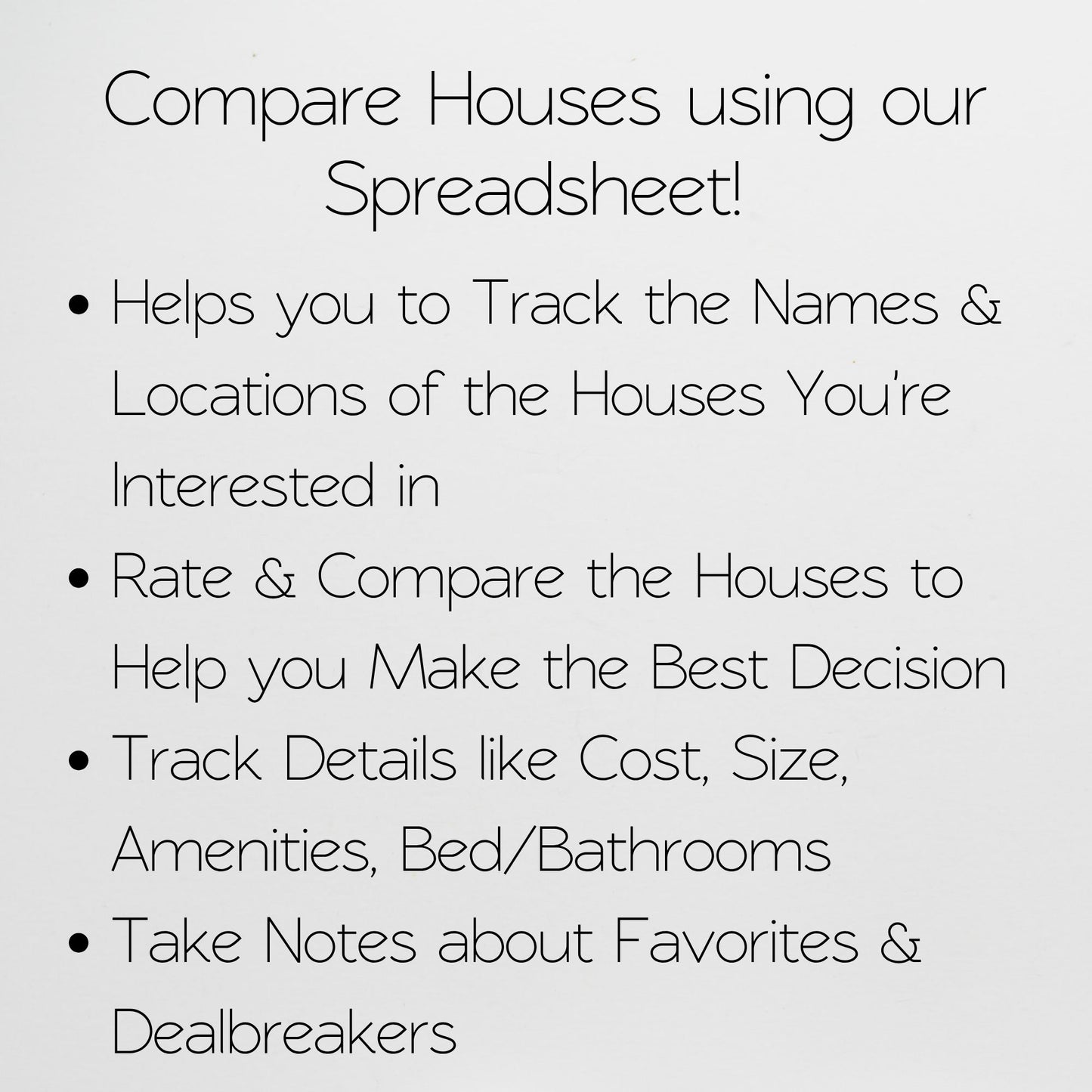 House Hunting Spreadsheet & Home Comparison Chart – Real Estate Template for Home Buying, First‑Time Buyers, and Investment Property Planning for Google Sheets and Excel