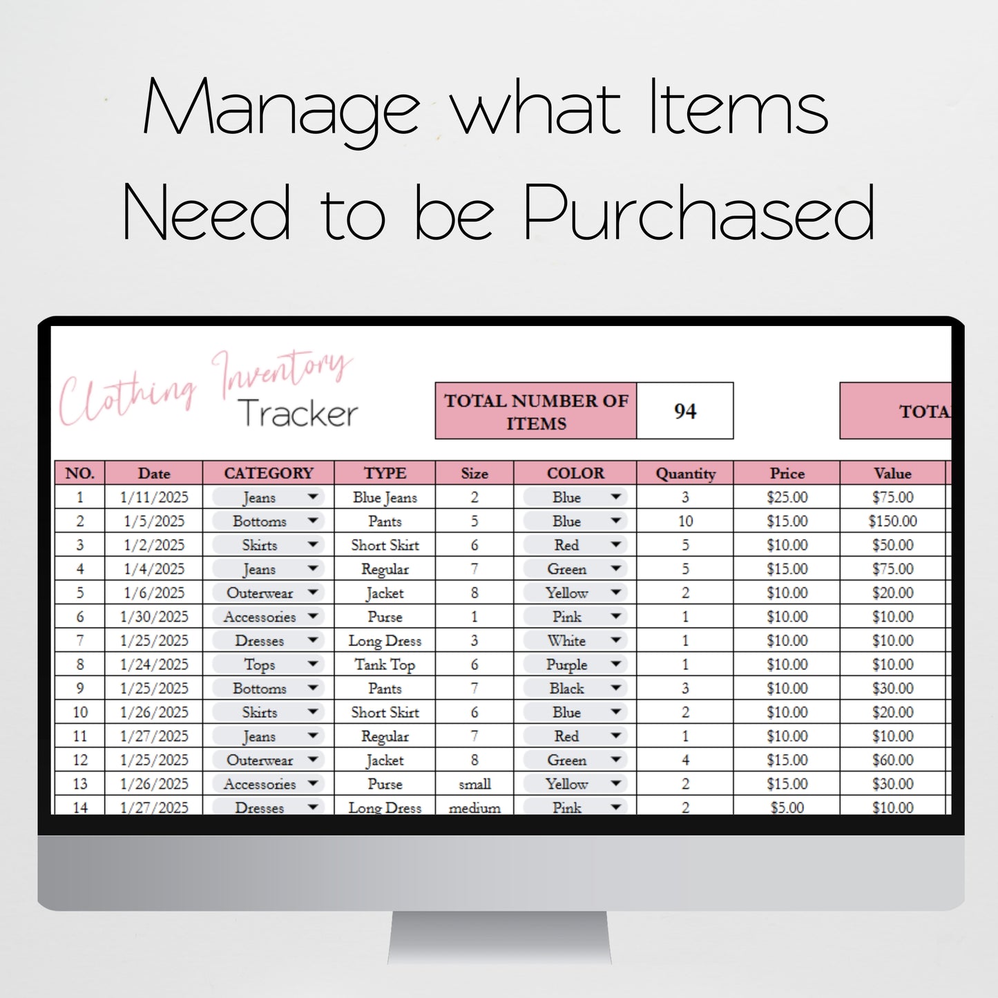 Clothing Inventory Tracker Google Sheet and Excel Spreadsheet