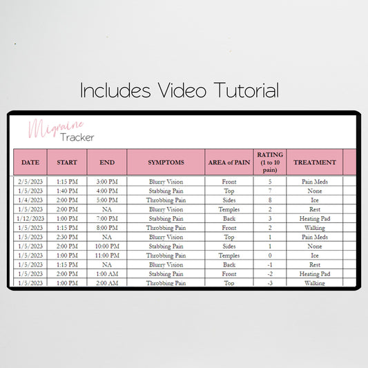 Migraine Tracker Google Sheet and Excel Spreadsheet