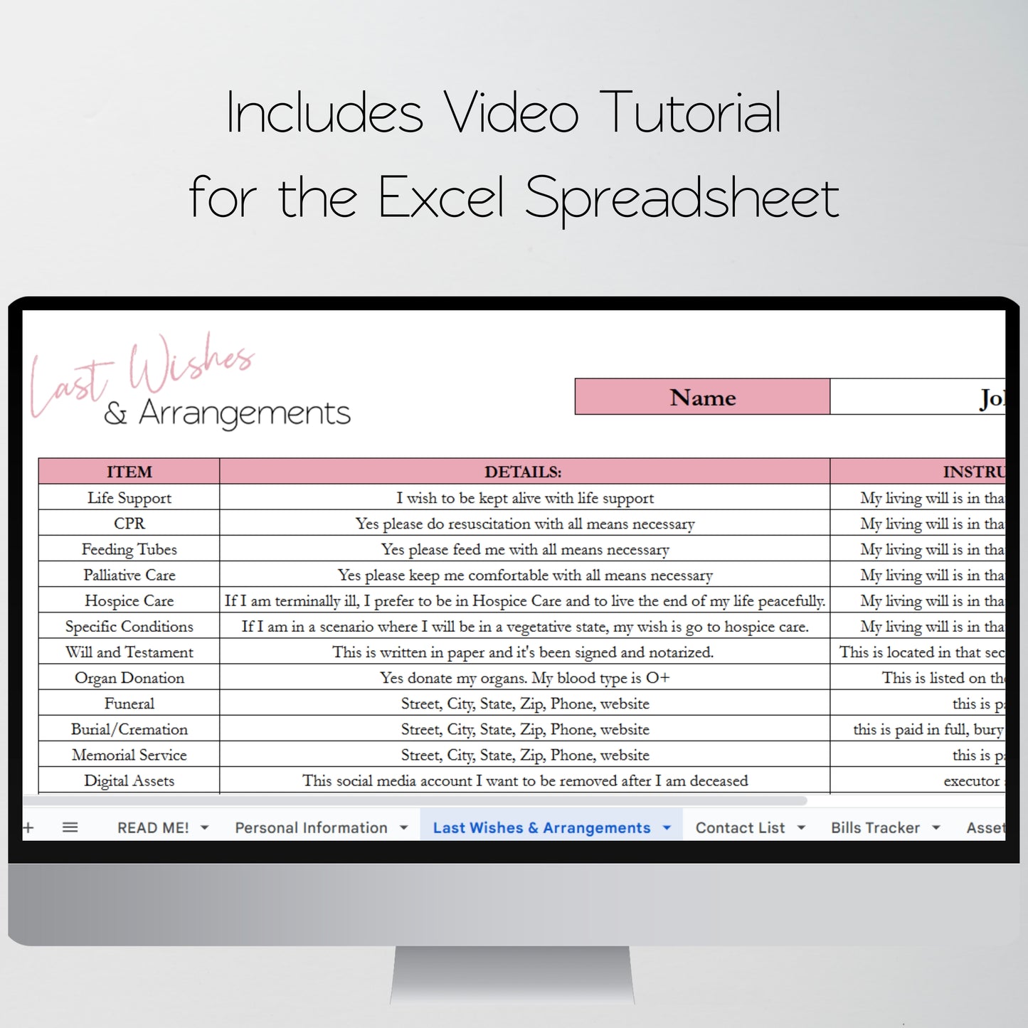 End of Life Planner Google Sheet Template, Death Planner