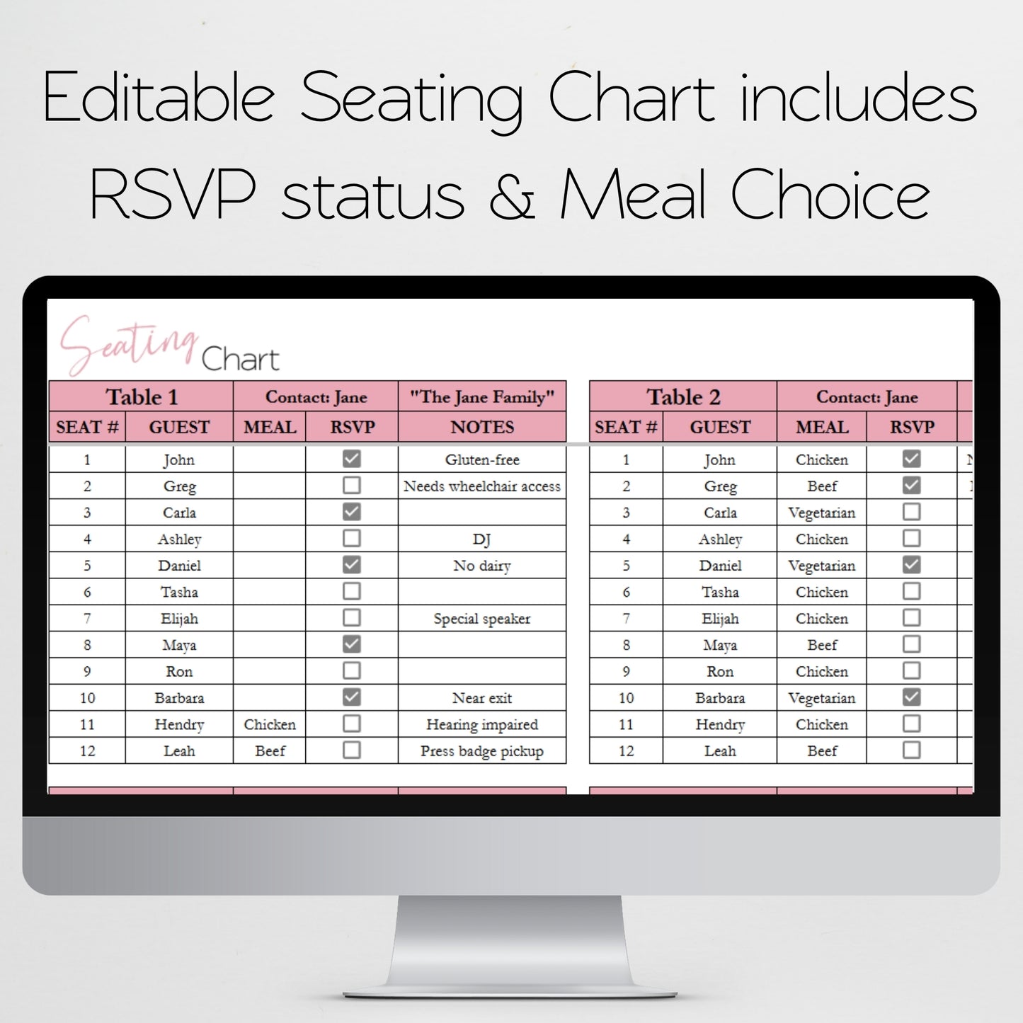 Seating Chart Template and Guest List for Google Sheets and Excel Spreadsheet