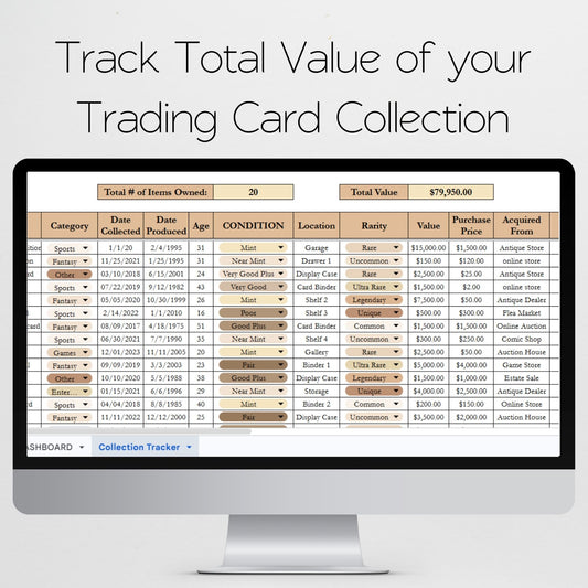 Trading Card Collection Tracker Spreadsheet Google Sheets and Excel