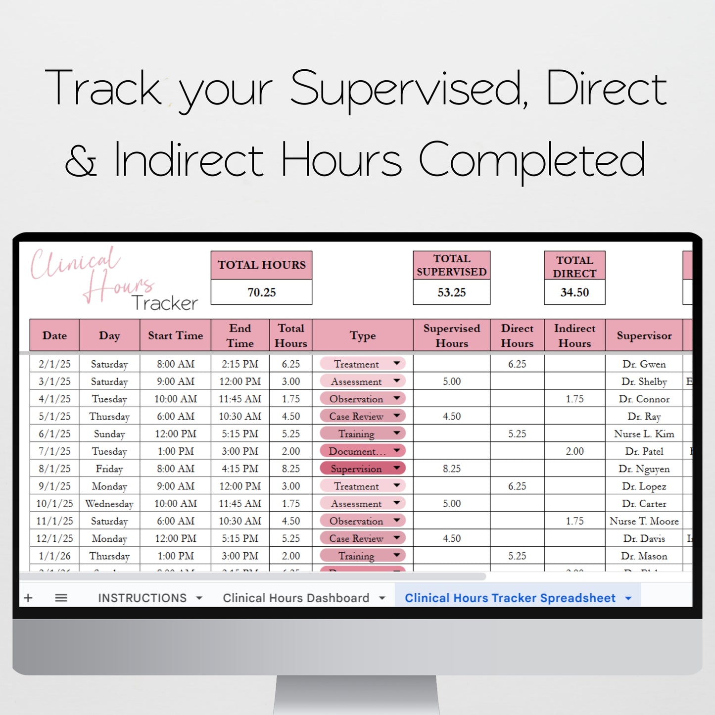 Clinical Hours Tracker Template Excel Spreadsheet and Google Sheets