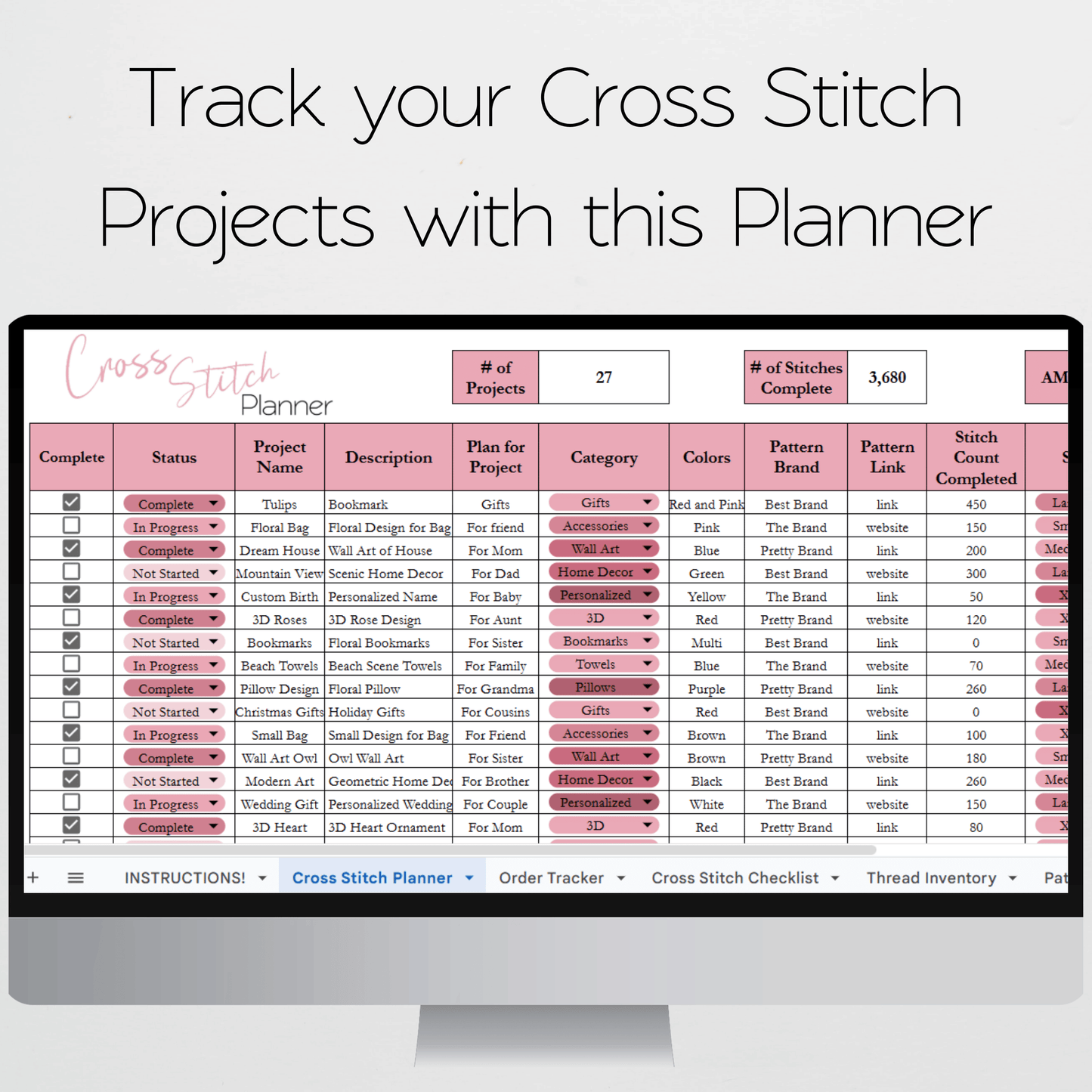 Cross Stitch Planner Template Google Sheet and Excel Spreadsheet