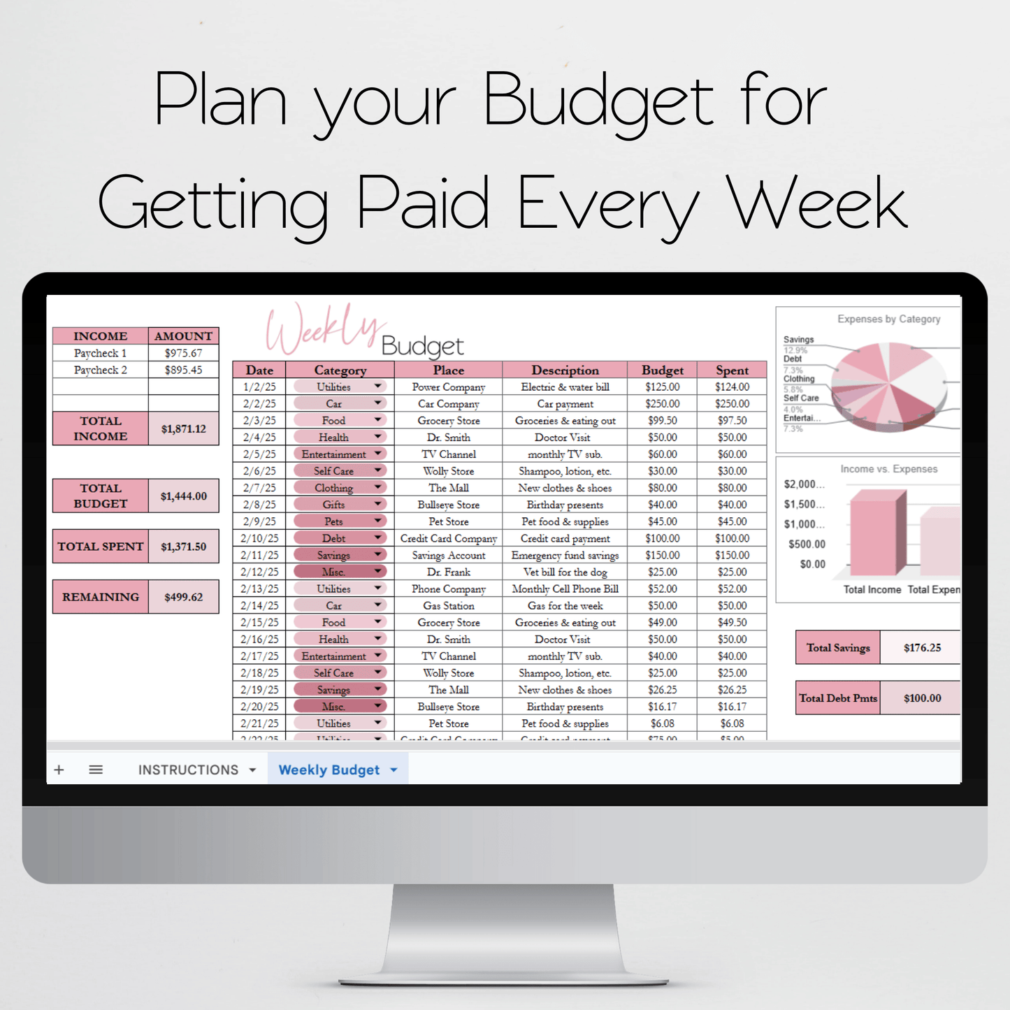 Weekly Budget Template Google Sheets and Excel Spreadsheet