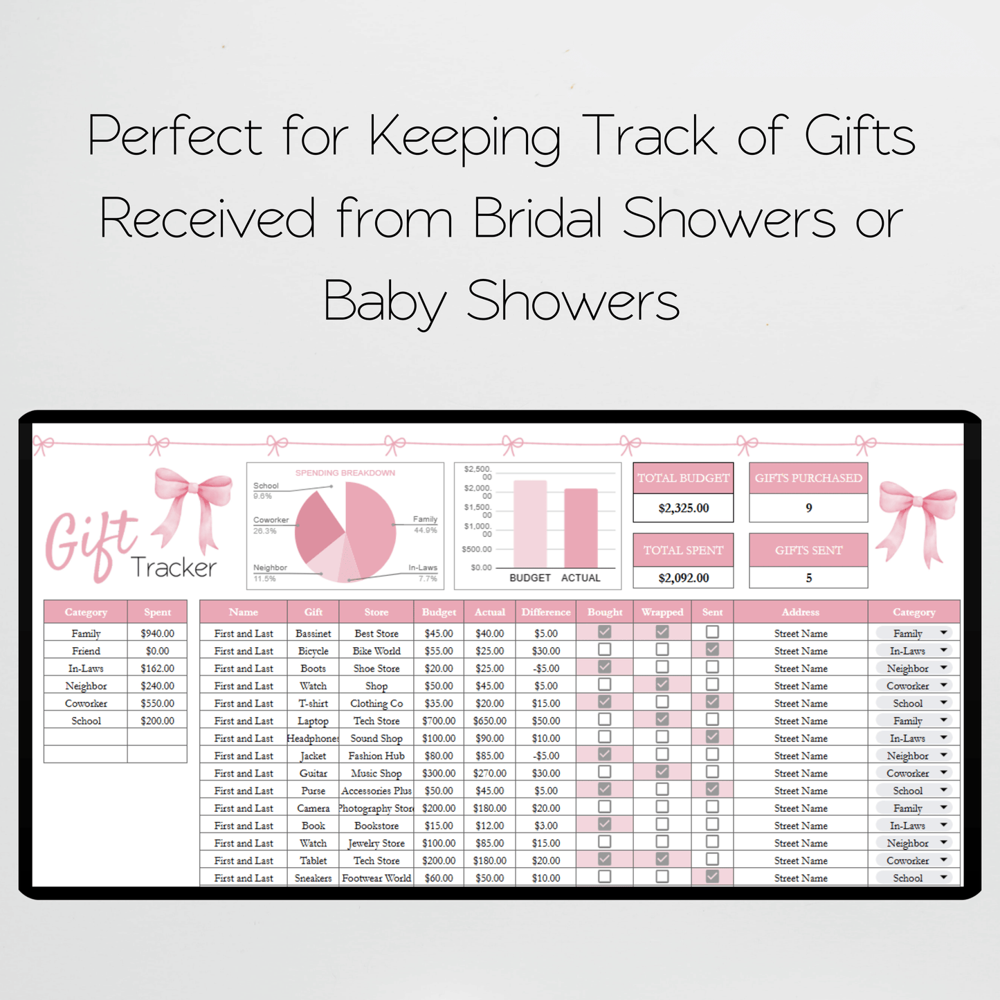 Gift Tracker for Baby Shower Gift Log, Bridal Shower Gift List Template Excel Spreadsheet and Google Sheets