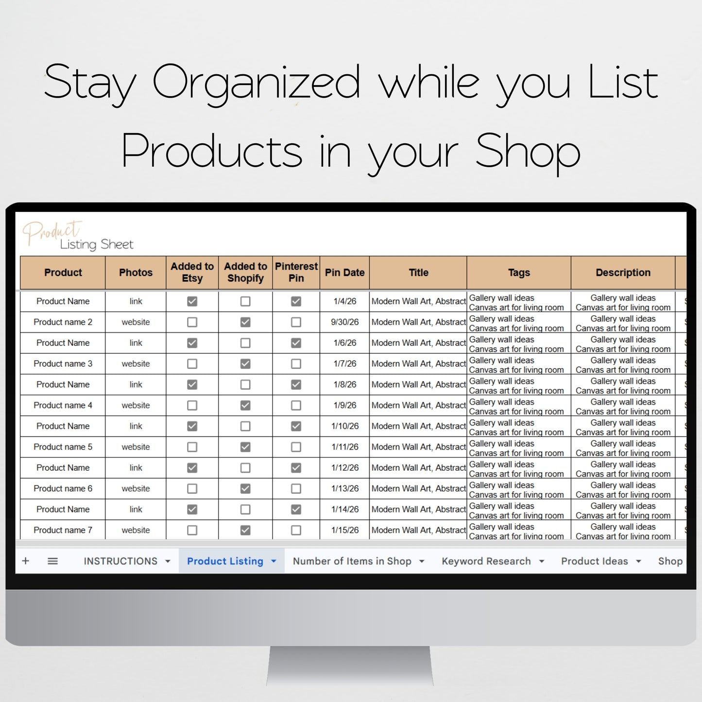 Product Listing Template Organization Sheet for Etsy - Google Sheet