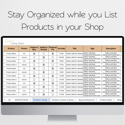 Product Listing Template Organization Sheet for Etsy - Google Sheet