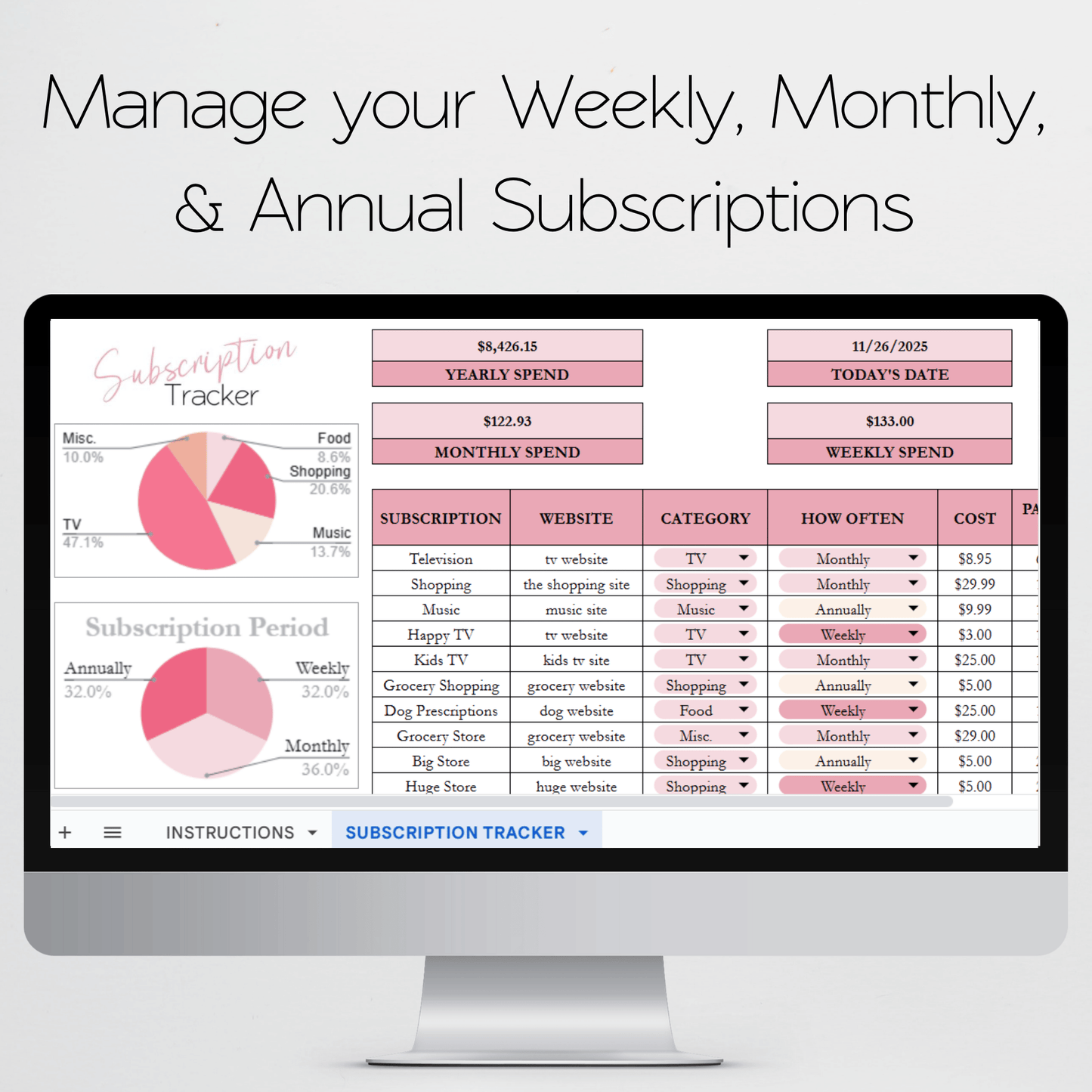 Subscription Tracker Template Google Sheets Excel Spreadsheet