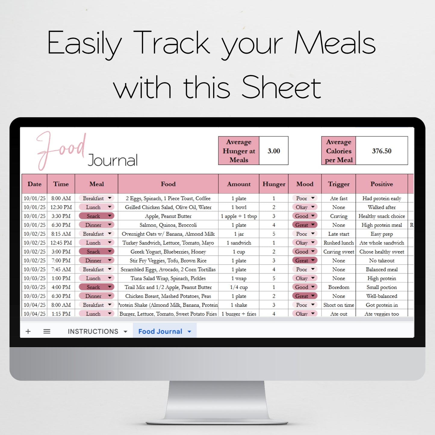 Food Journal Template Google Sheets and Excel Spreadsheet