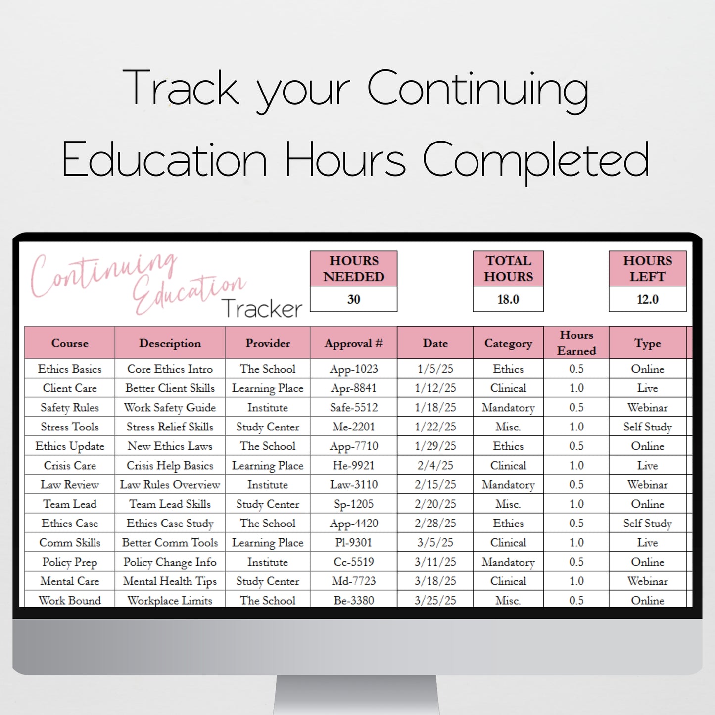 Continuing Education Tracker Template Excel Spreadsheet and Google Sheets