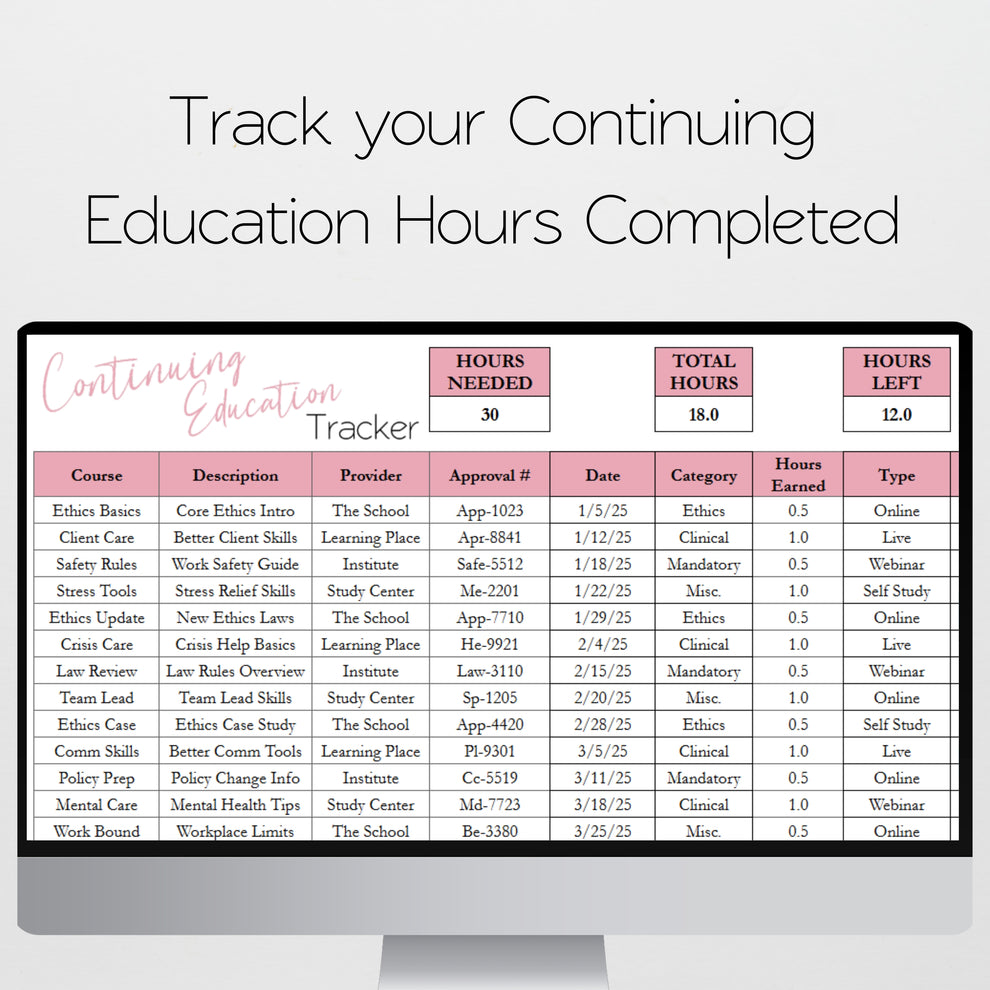 Continuing Education Tracker Template Excel Spreadsheet and Google She ...