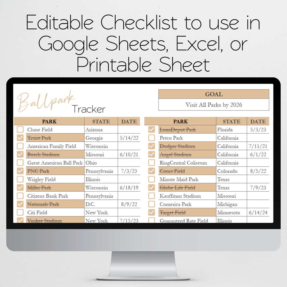 Ballpark Tracker Template Google Sheets and Excel Spreadsheet: Basebal ...