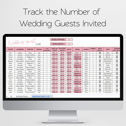 Wedding Guest List Tracker Template | Google Sheets & Excel Spreadsheet - RSVP, Invitations, Save the Date, Thank you Planner