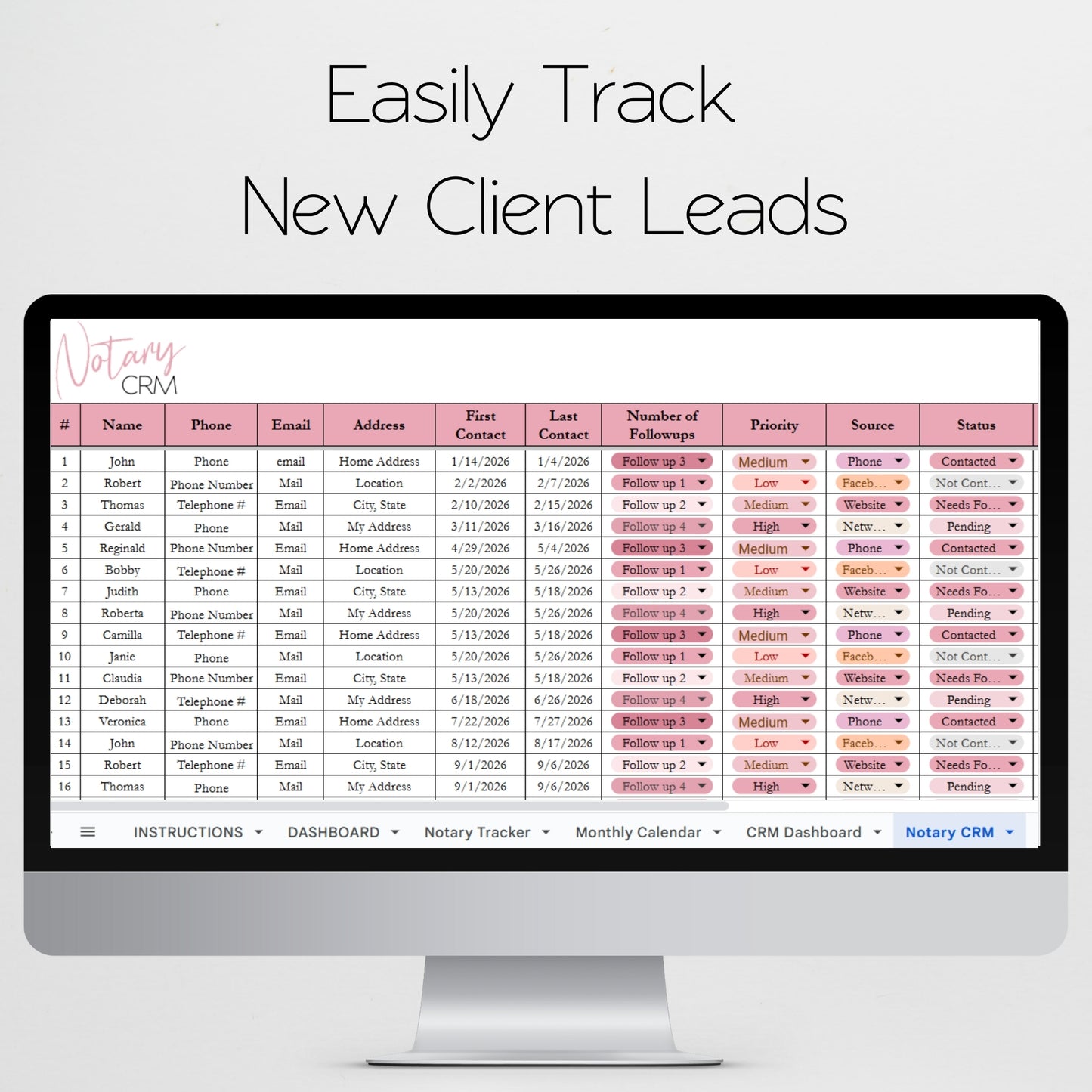 Notary CRM Template for Google Sheets and Excel Spreadsheet: Lead Tracker