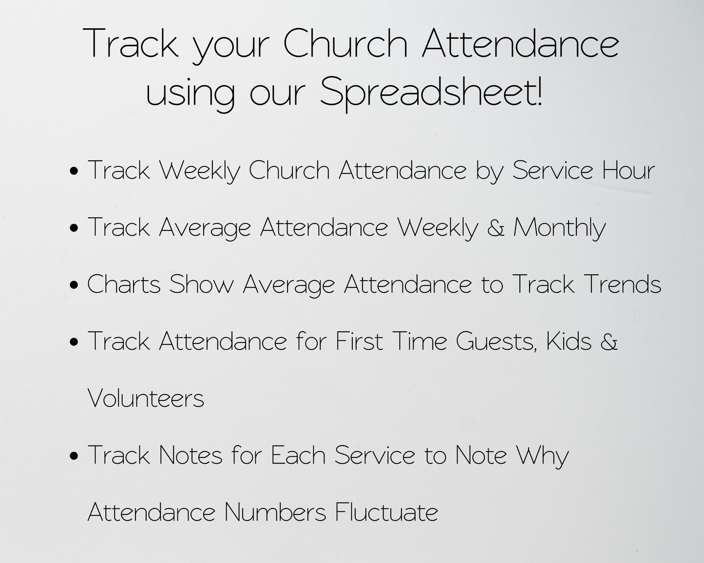 Church Attendance Tracker - Sunday Service, Regular Attendees, Visitors, Kids, Monthly & Annual Charts - Google Sheets and Excel Spreadsheet Template