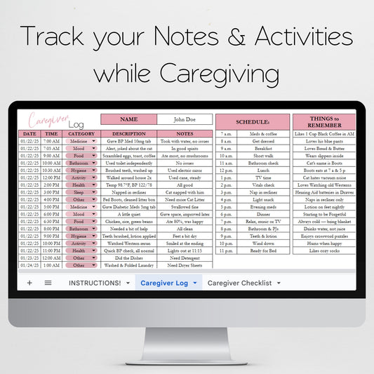Caregiver Log & Caregiver Checklist Tracker Template for Google Sheets and Excel Spreadsheet