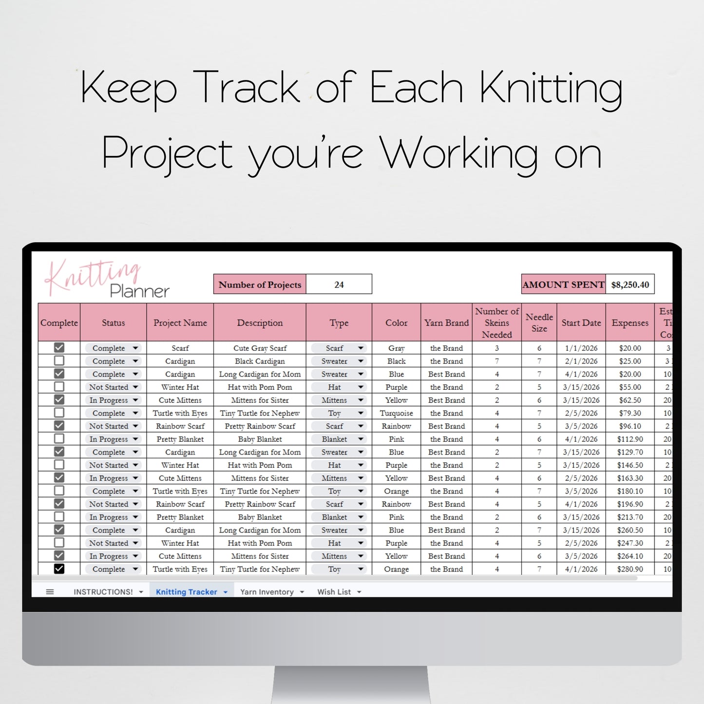 Knitting Planner Google Sheet and Excel Spreadsheets