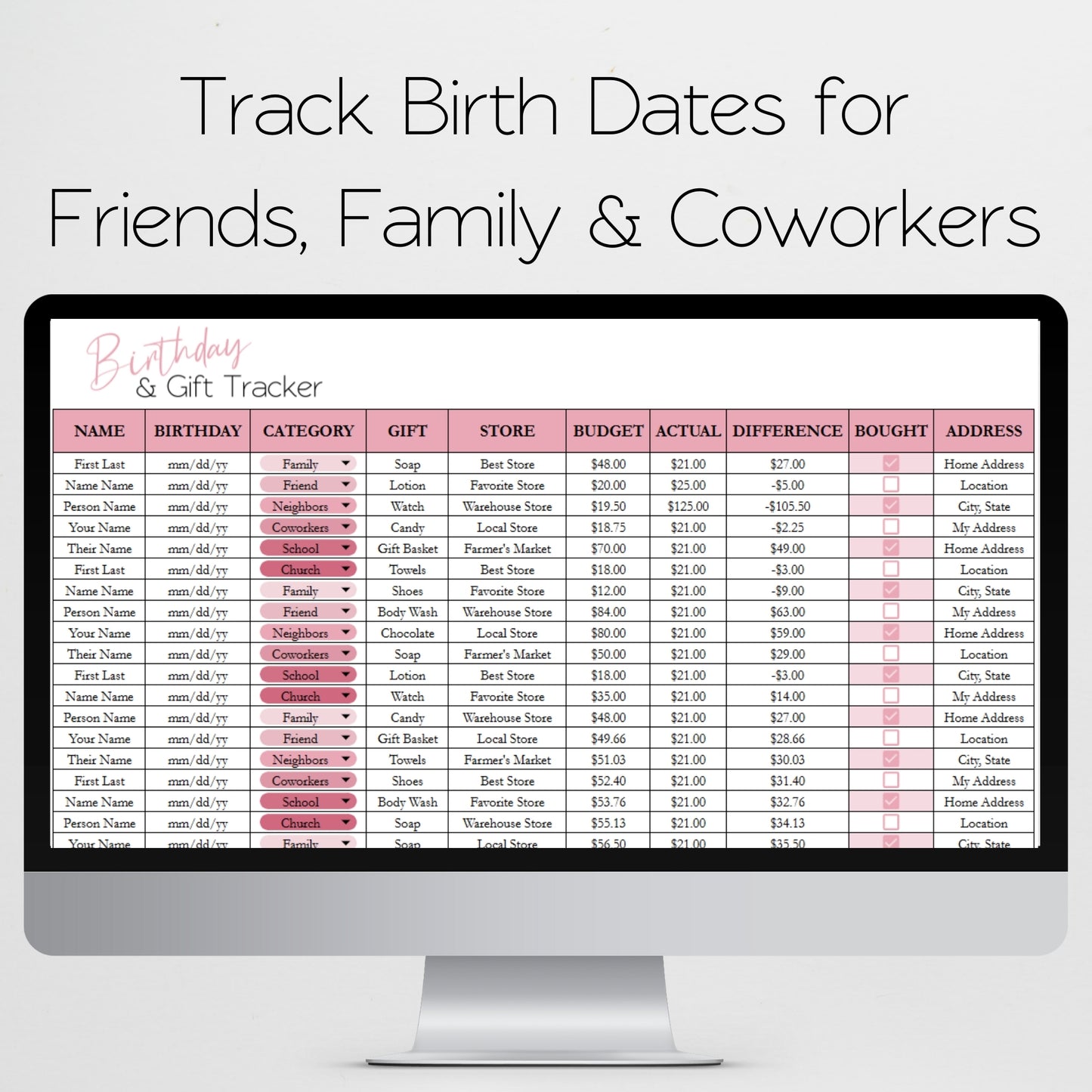 Birthday Tracker and Gift Tracker Google Sheet and Excel Spreadsheet