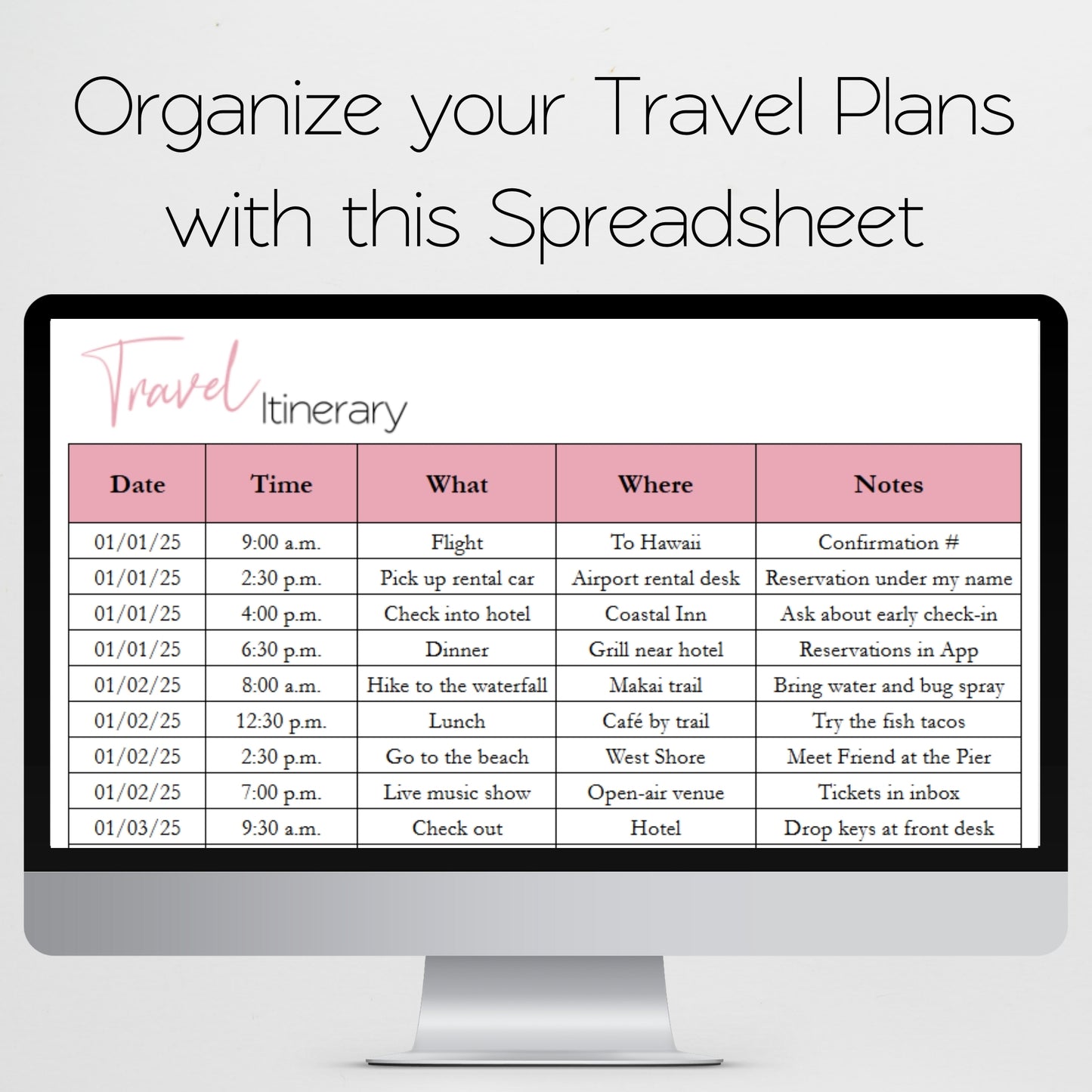 Travel Itinerary Template Google Sheets and Excel Spreadsheet
