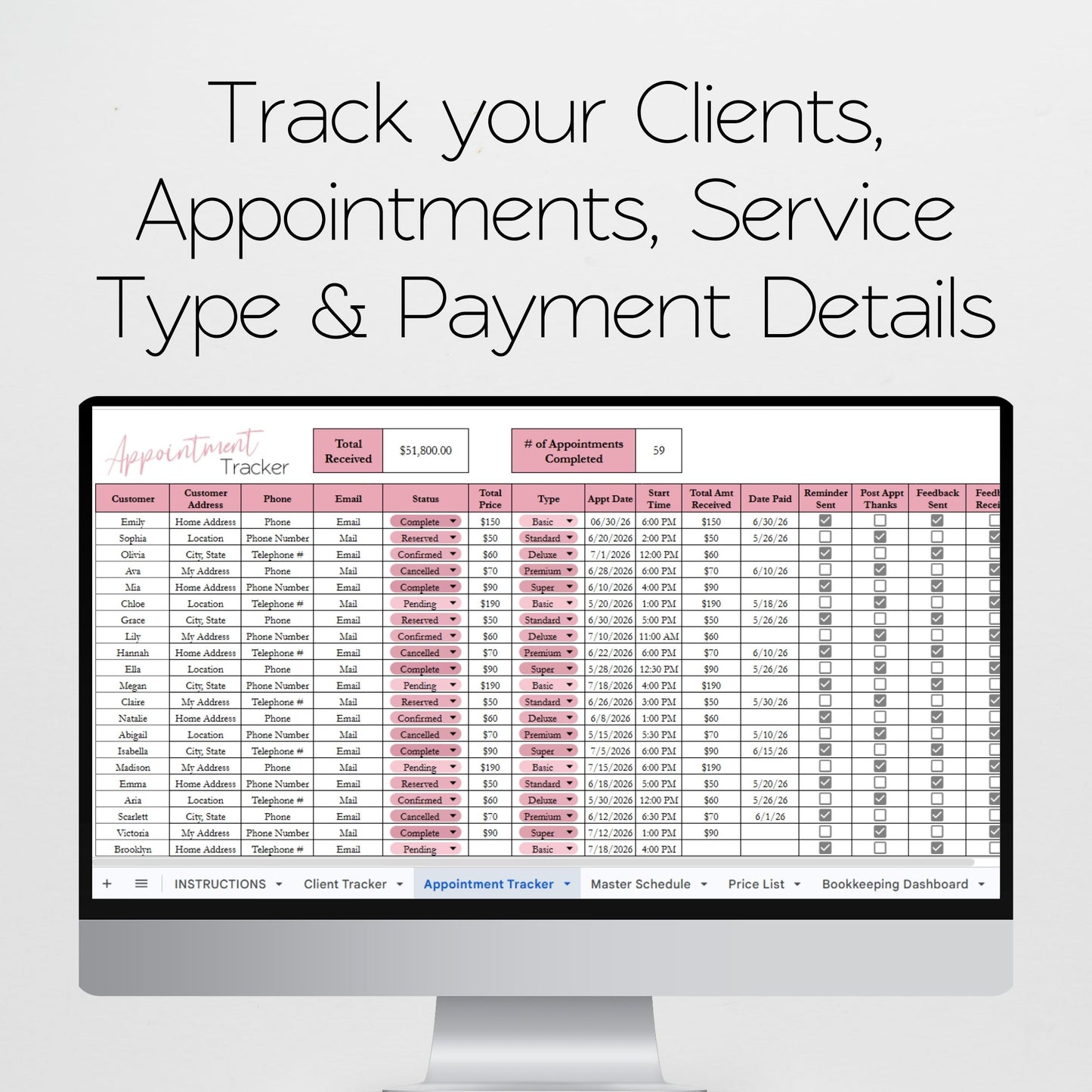 Makeup Artist Business Bundle Google Sheet and Excel Spreadsheet Template | Client Tracker, Appointment Planner, Income Tracker & Business Spreadsheet for Makeup Artists
