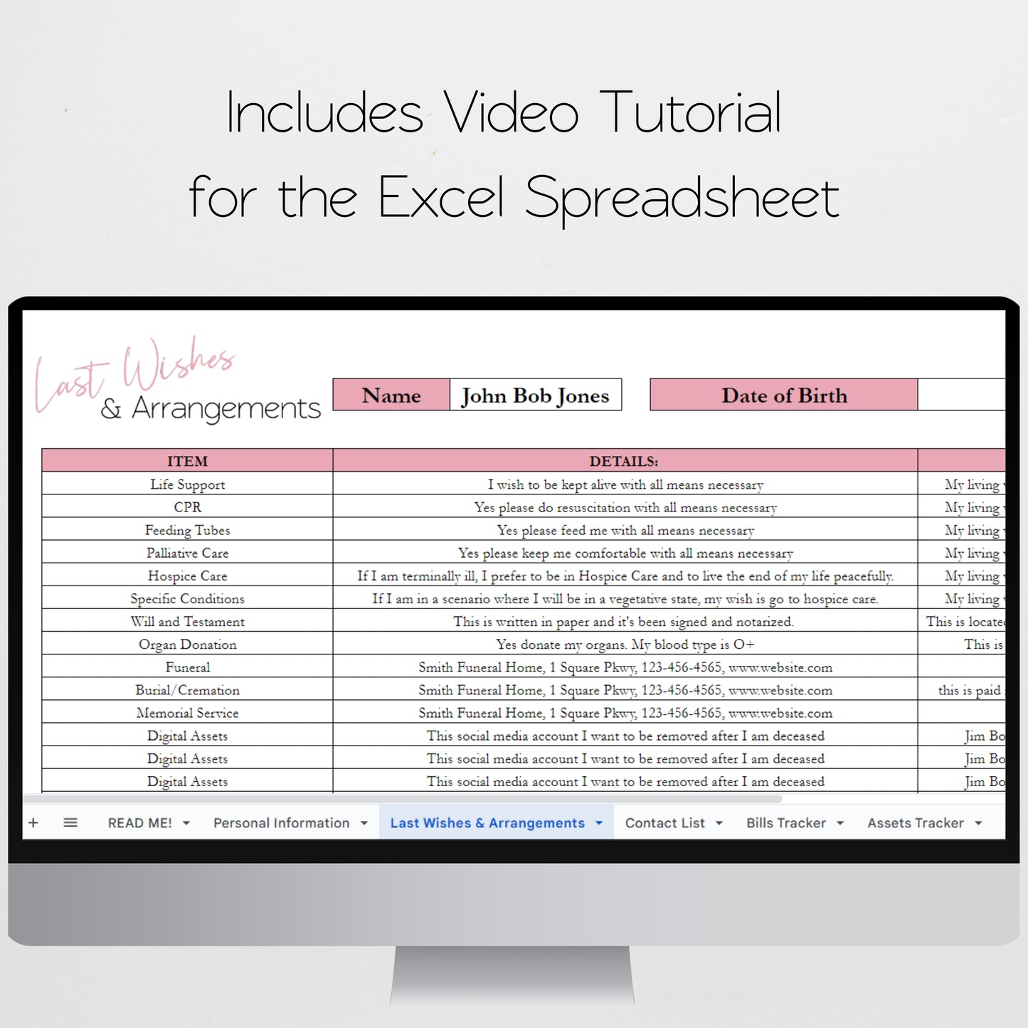 End of Life Planner Google Sheet Template, Death Planner