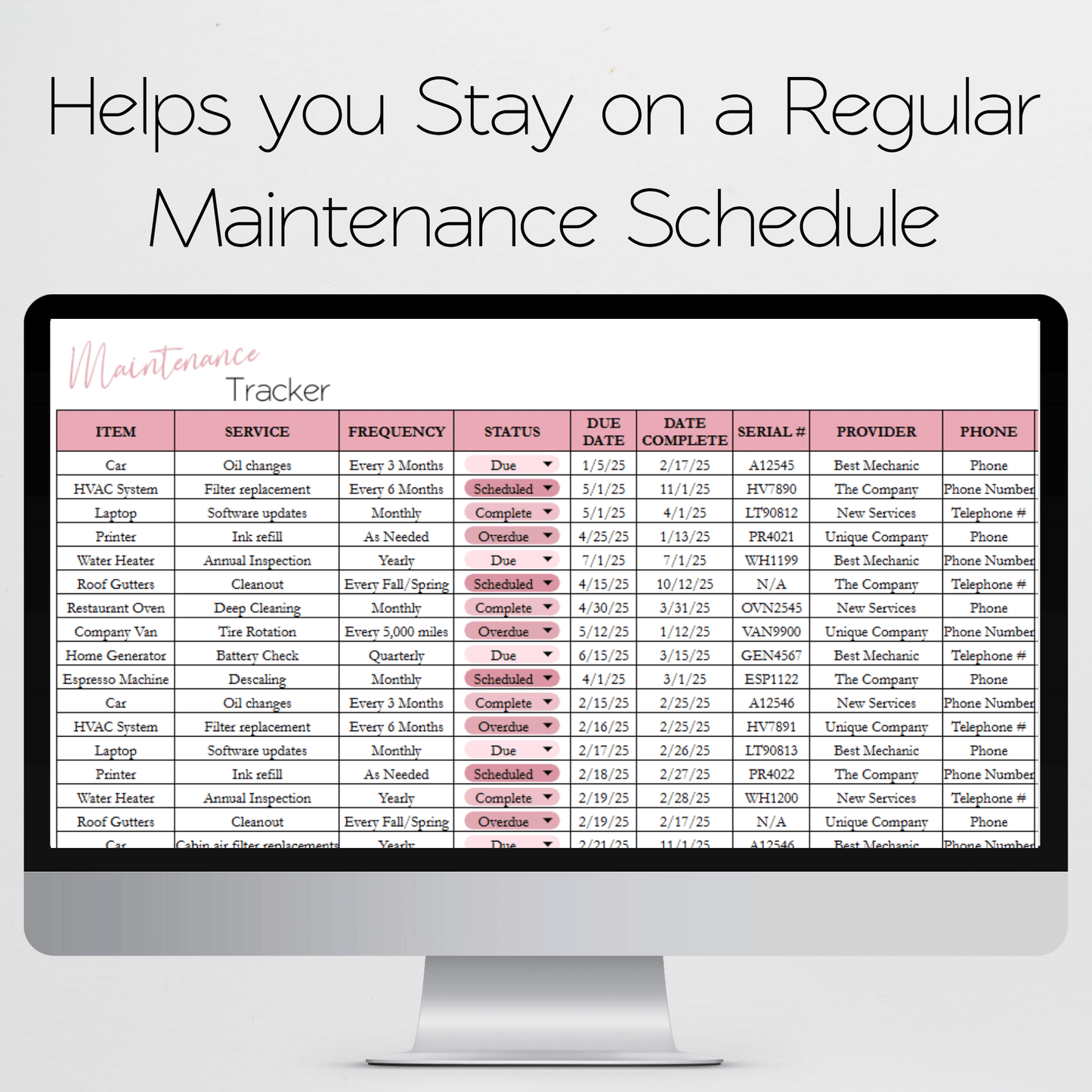 Maintenance Tracker Template for Google Sheets and Excel Spreadsheet