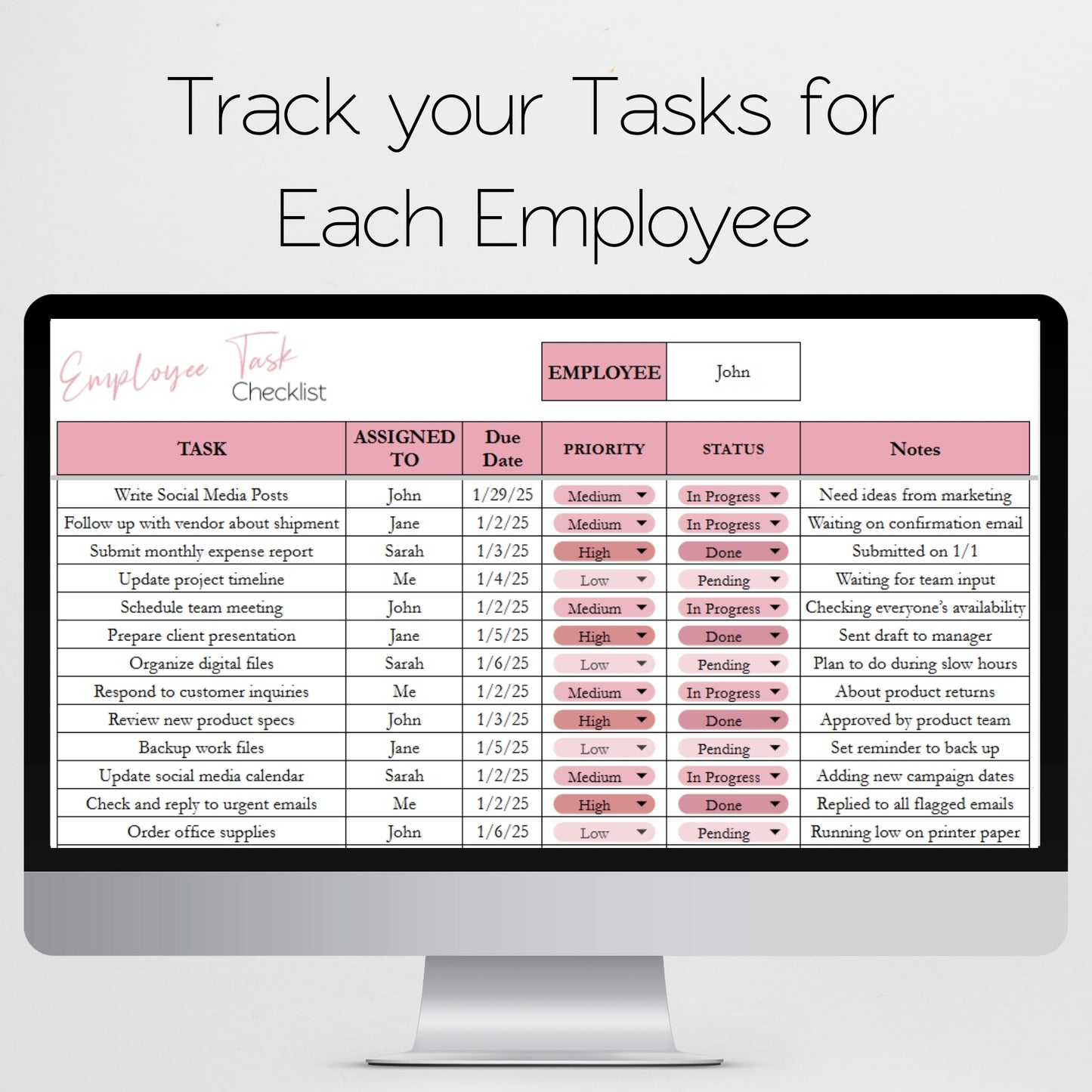 Employee Task Checklist Template for Google Sheets and Excel Spreadsheet: Task Tracker