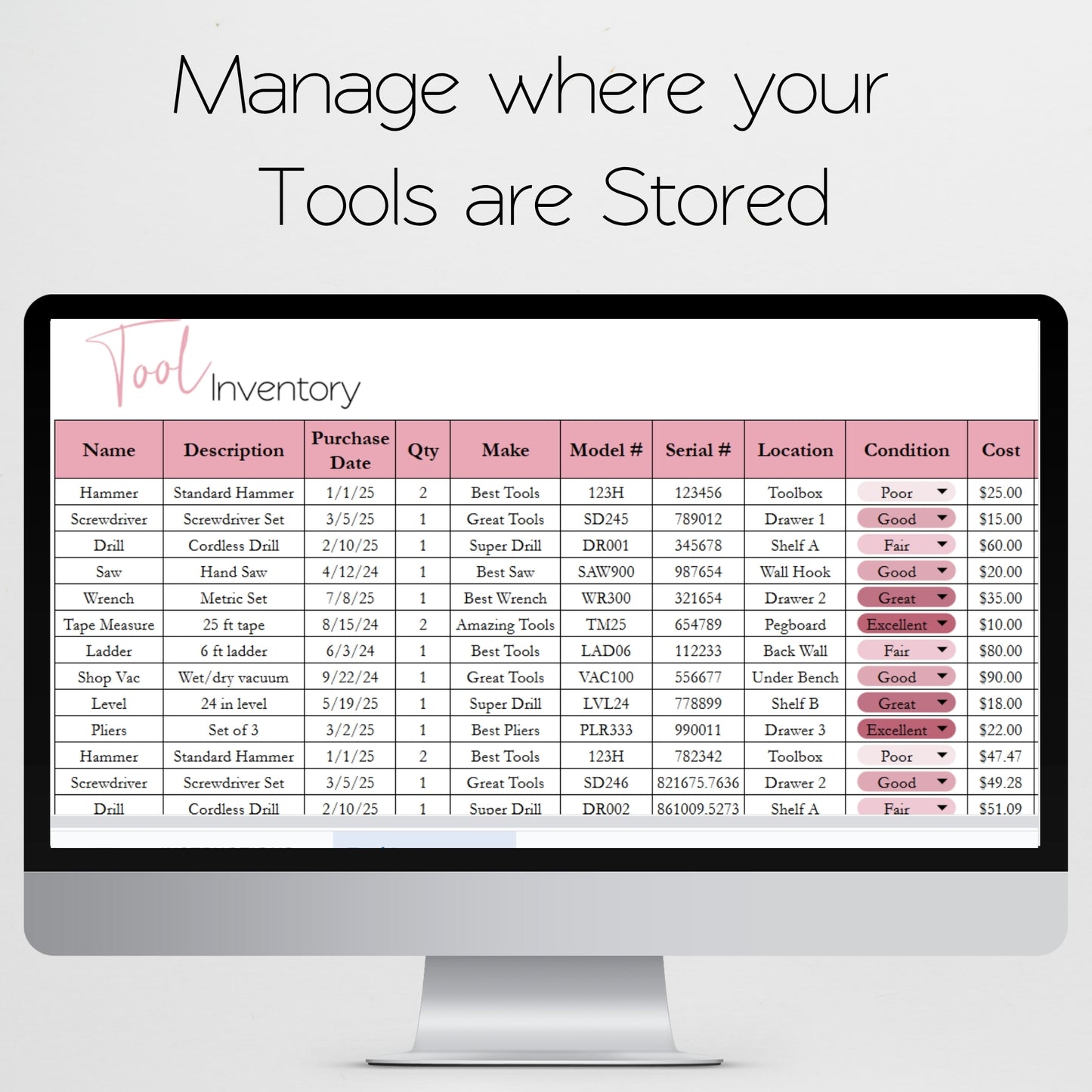 Tool Inventory Template for Google Sheets and Excel Spreadsheet