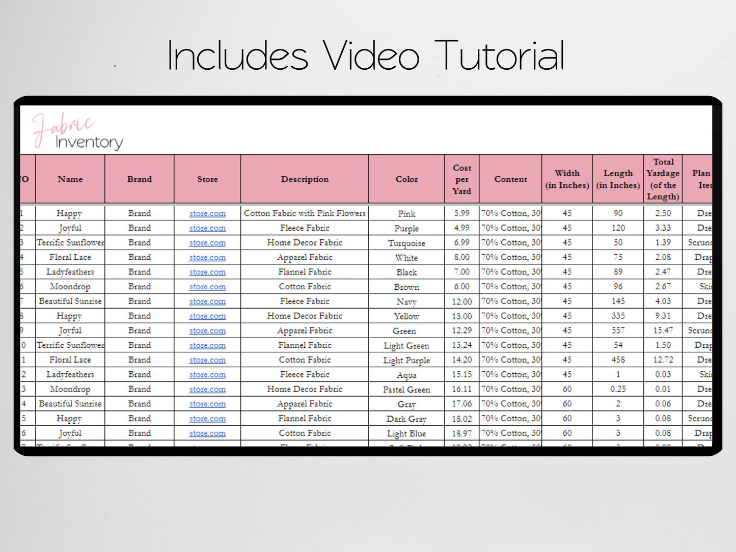 Fabric Inventory Tracker Google Sheet