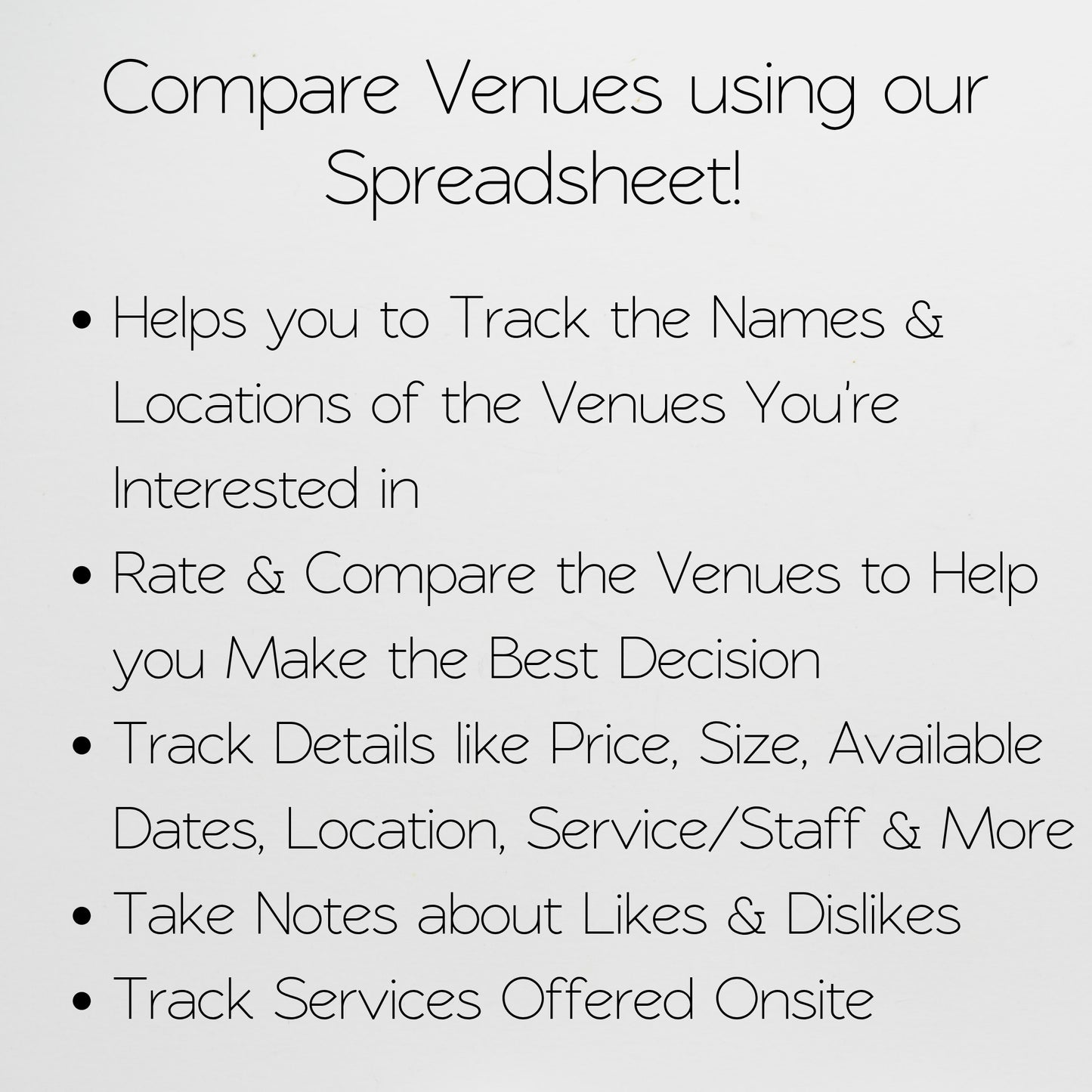 Wedding Venue Comparison Spreadsheet | Wedding Planning Google Sheets and Excel Spreadsheet Template for Brides & Wedding Planners