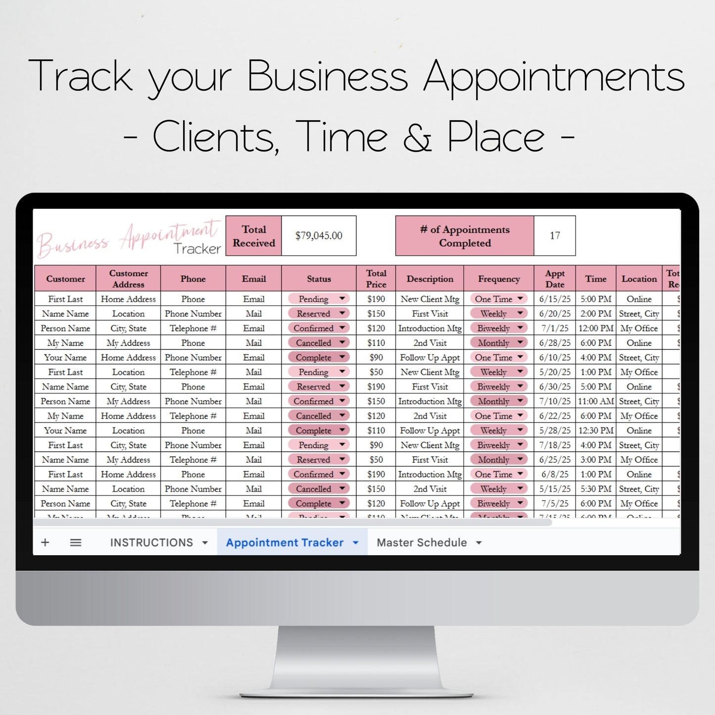 Business Appointment Tracker Template Google Sheets and Excel Spreadsheet