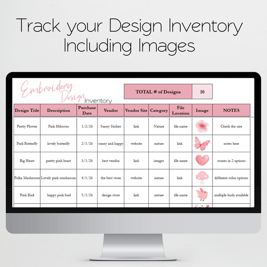 Embroidery Design Inventory Tracker Google Sheets Template and Excel Spreadsheet