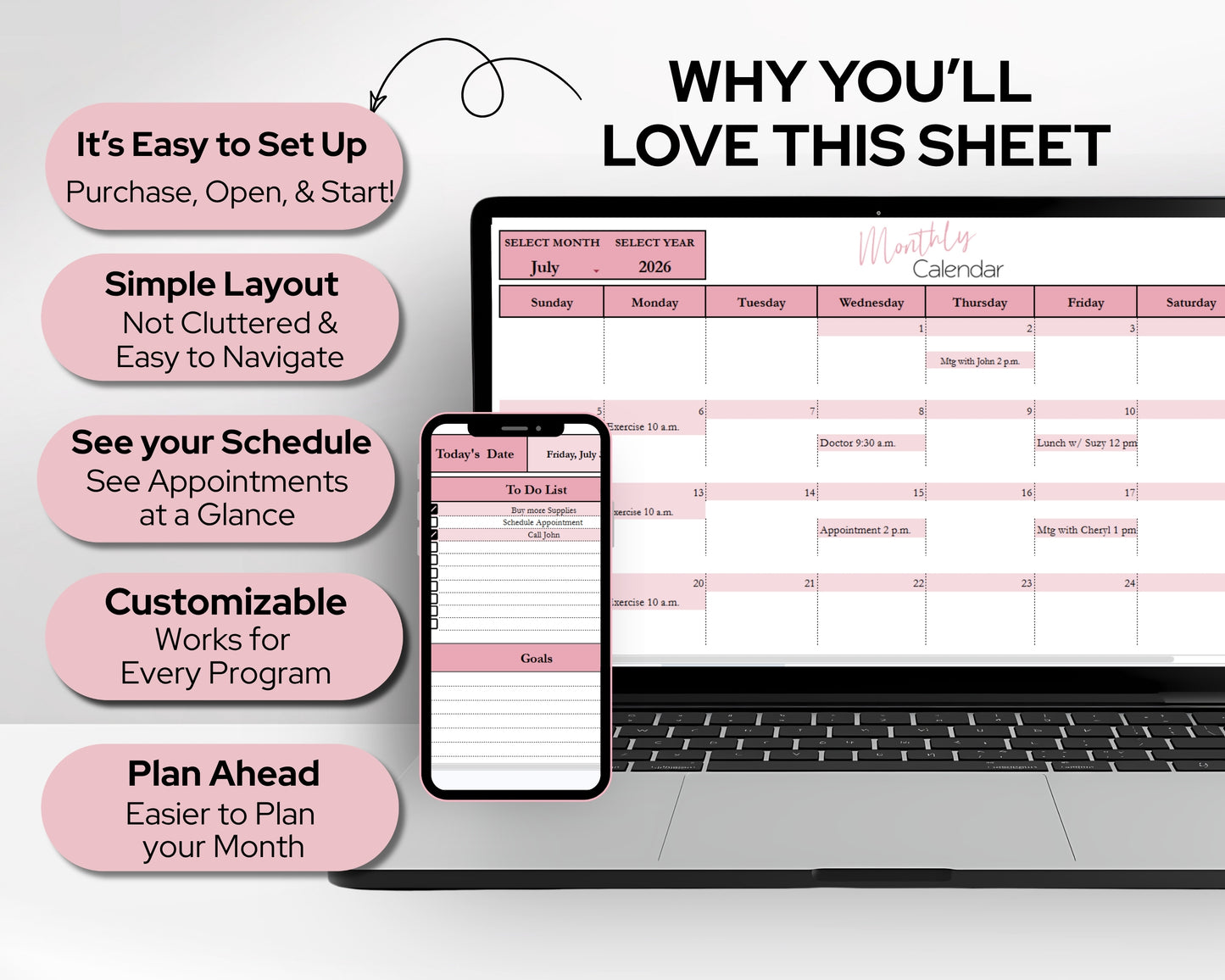 Google Sheets Monthly Calendar | Digital Planner Template with Recurring Weekly Schedule - Google Sheet and Excel Spreadsheet Template