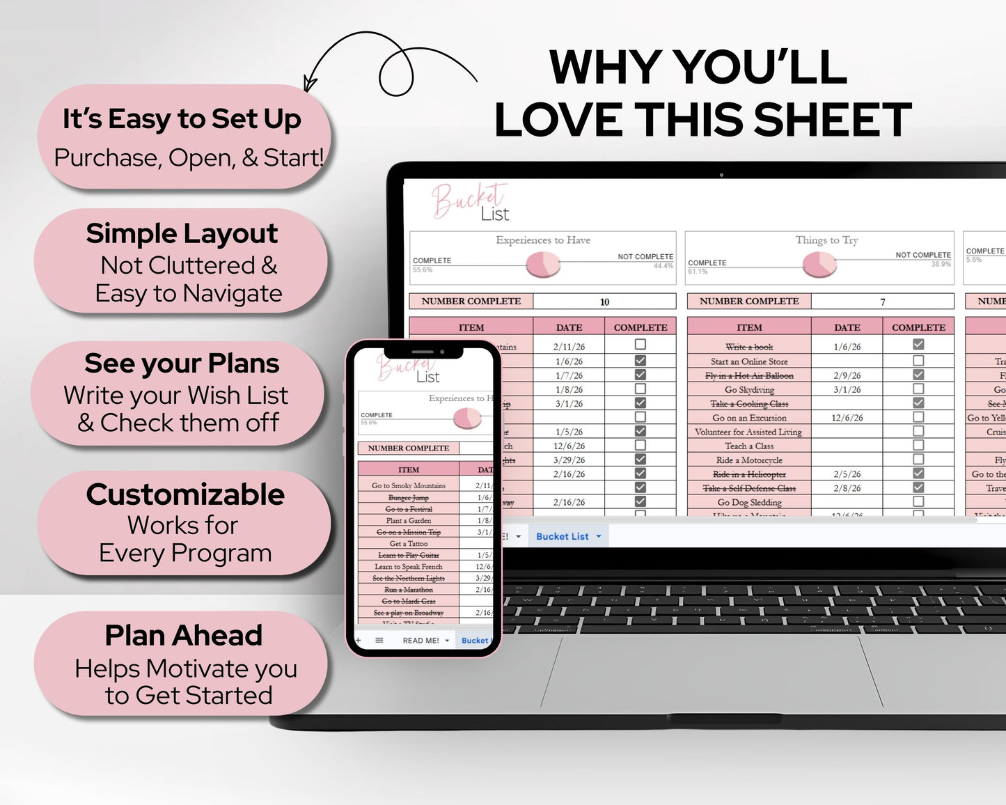 Bucket List Planner Spreadsheet Template for Google Sheets & Excel | Travel & Life Goals