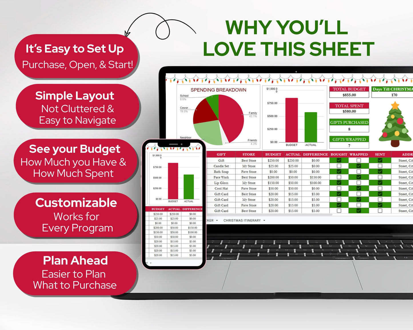 Christmas Gift Tracker Google Sheets and Excel Spreadsheet Template | Holiday Budget Planner | Christmas Shopping List & Wish List