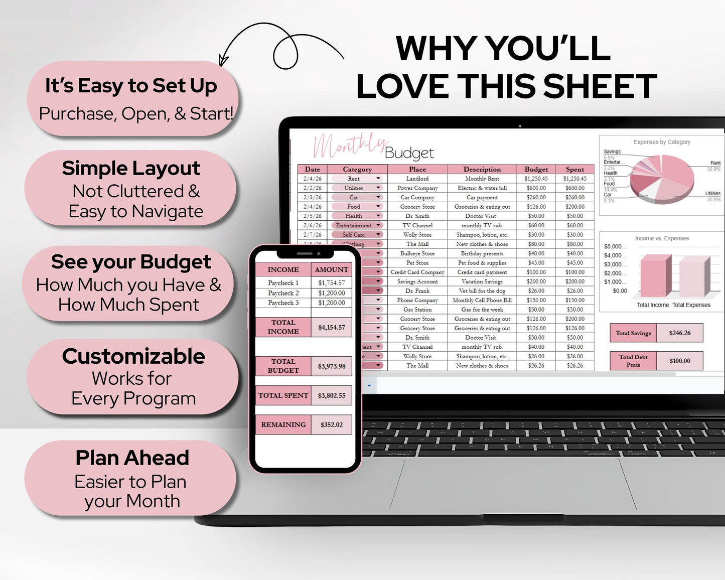 Simple Monthly Budget Template | Google Sheets & Excel Template - Premium Version
